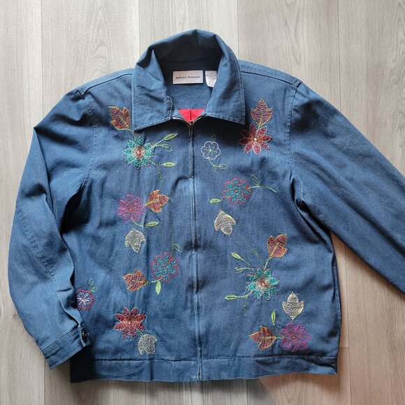 Vintage Alfred Dunner Denim Jacket With Floral Embroidery Design & Zip Closure 1 - Picture 2 of 5